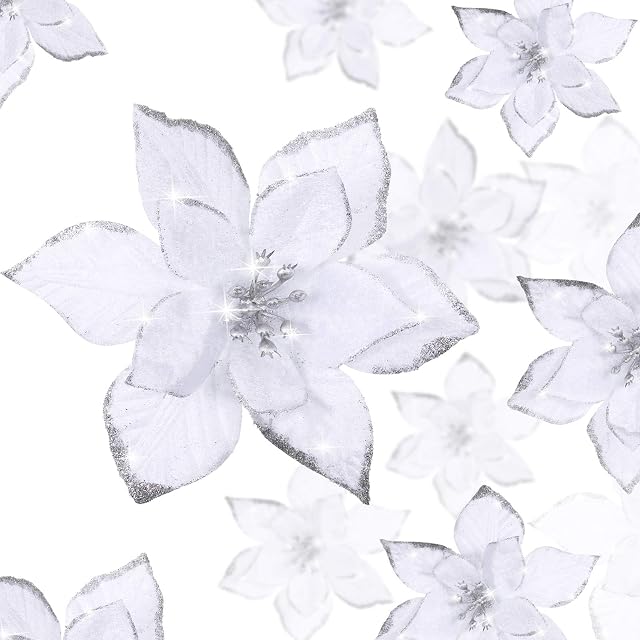 36 Pieces 3 Size Christmas Poinsettia Christmas Tree Flowers Glitter Faux Flowers Decoration Artificial Poinsettia Ornaments For Christmas New Year Home Outdoor Decoration (White, 3/ 4/ 6 inch)