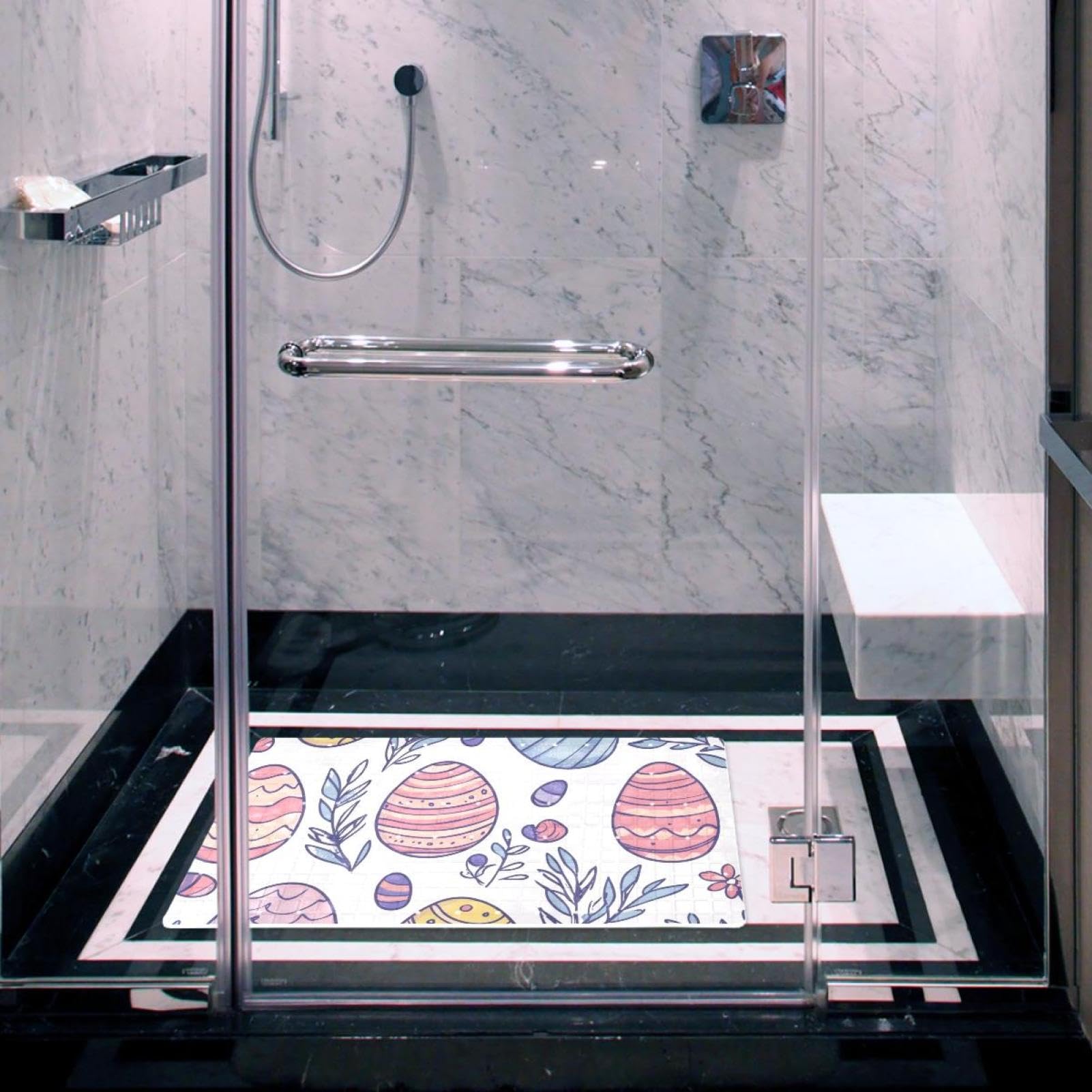 Doodle Tapis de bain rectangulaire antidérapant avec ventouses Motif œufs de Pâques avec fleurs et plantes Lavable en machine 40 x 70 cm
