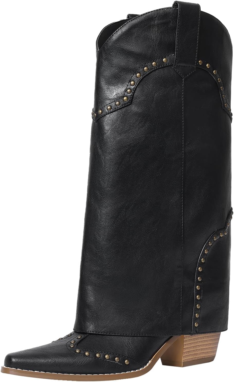 Women Shark Boots Fold Over Mid Calf Chunky Heel Snip Toe Cowboy Cowgirl Pull On Studded Boots for Women