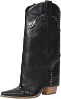 RONILURN Women's Shark Fold Over Mid Calf Chunky Heel Snip Toe Studded Cowboy Cowgirl Pull-On Boots