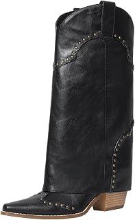 RONILURN Women's Shark Fold Over Mid Calf Chunky Heel Snip Toe Studded Cowboy Cowgirl Pull-On Boots