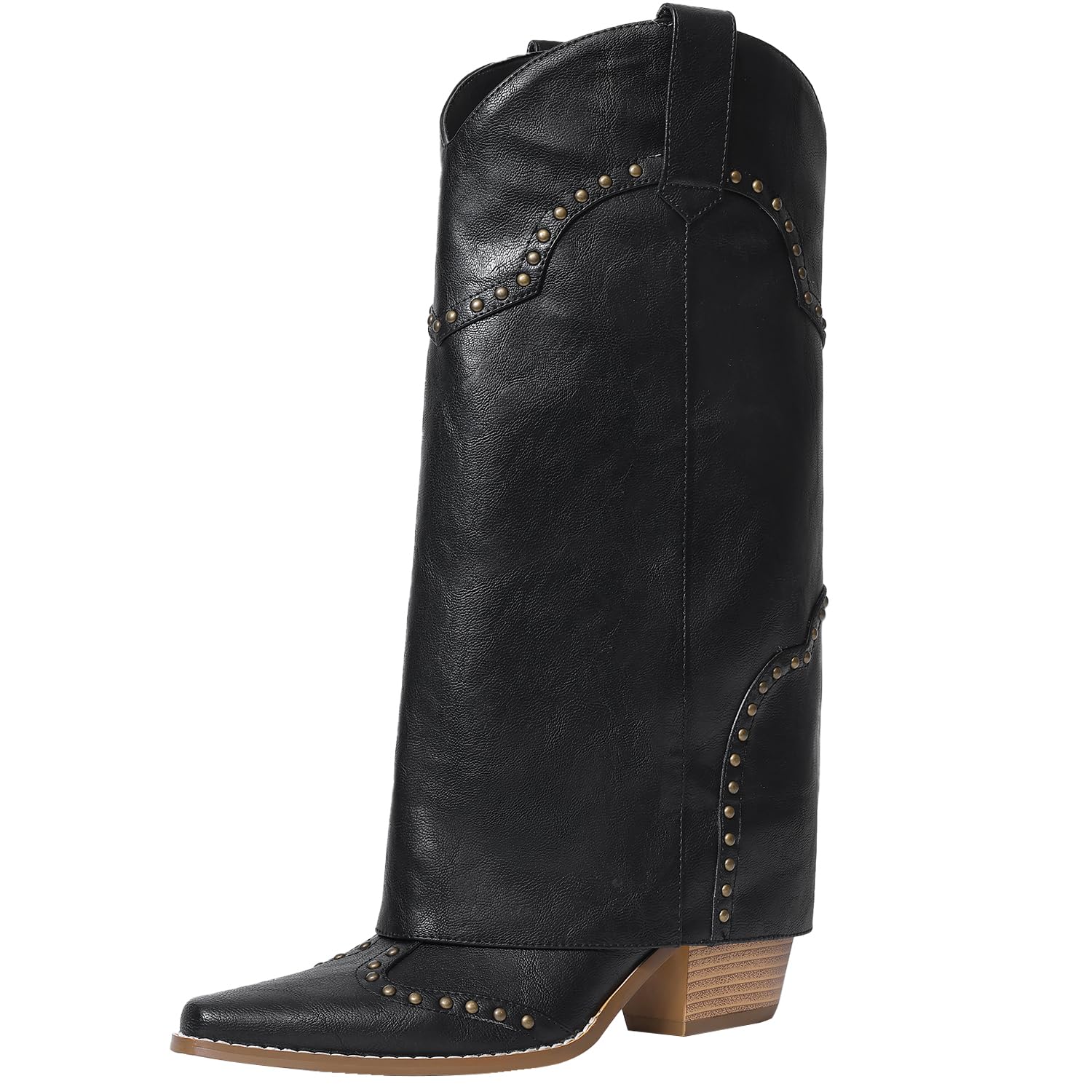 RONILURN Women Shark Boots Fold Over Mid Calf Chunky Heel Snip Toe Cowboy Cowgirl Pull On Studded Boots for Women