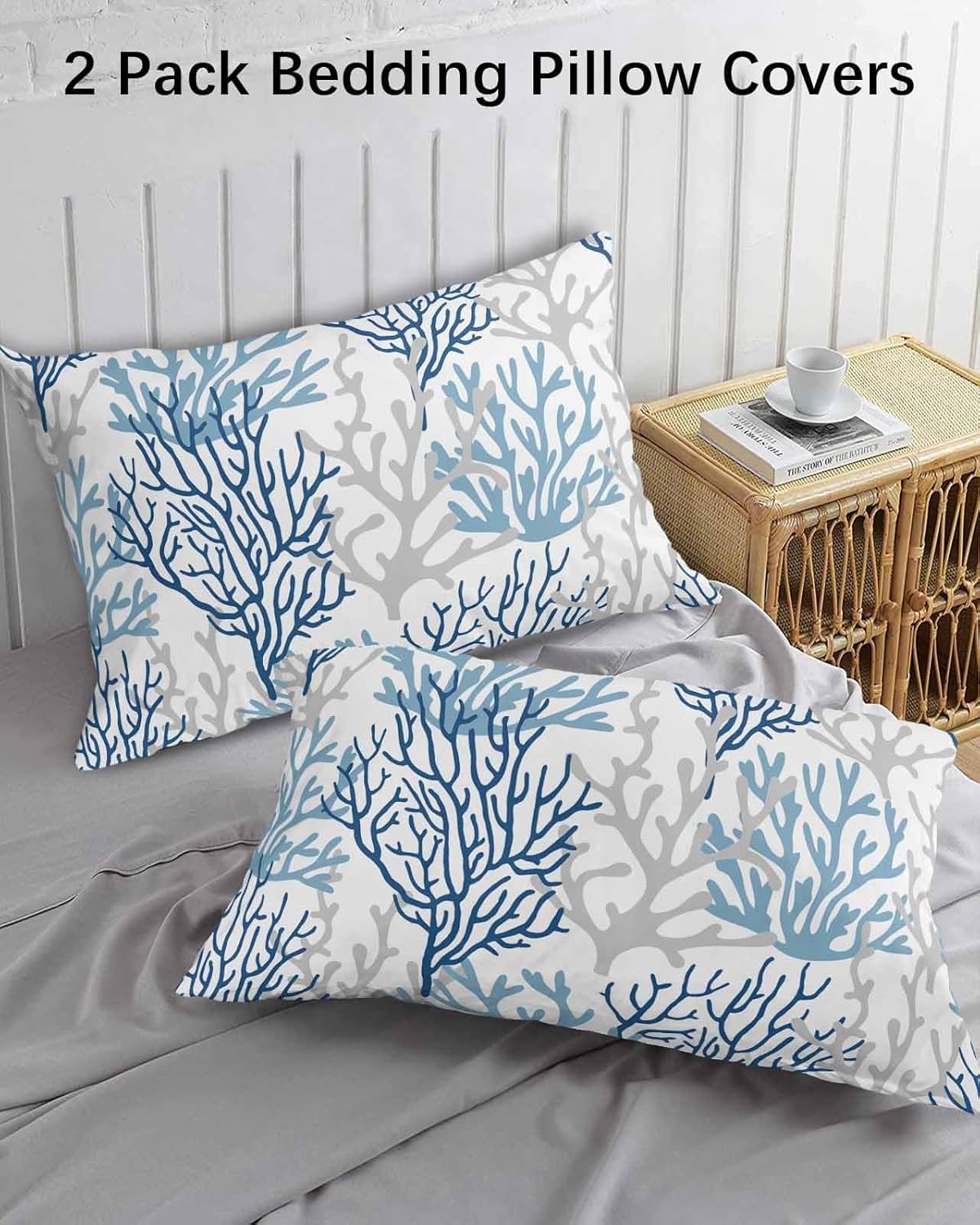 Navy Blue Coral Coastal Queen Pillow Cases Set of 2, Soft Breathable Pillow Covers with Envelope Closure Decorative Pillow Shams for Bed Sofa Couch Chair 2PCS 20"x30" Ombre Grey Summer Ocean Life