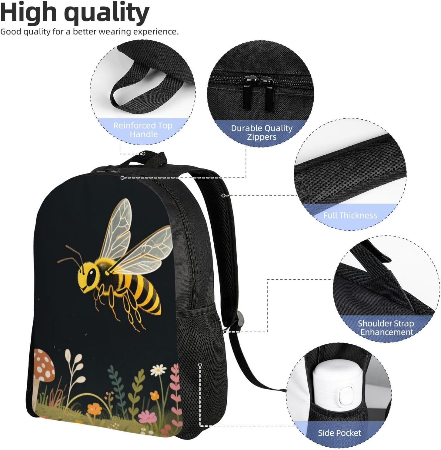 Travel Laptop Backpack for Men Women,Waterproof Computer Bag Bee Retro Beautiful Mushroom Business Work Bag Casual Daypack image 4