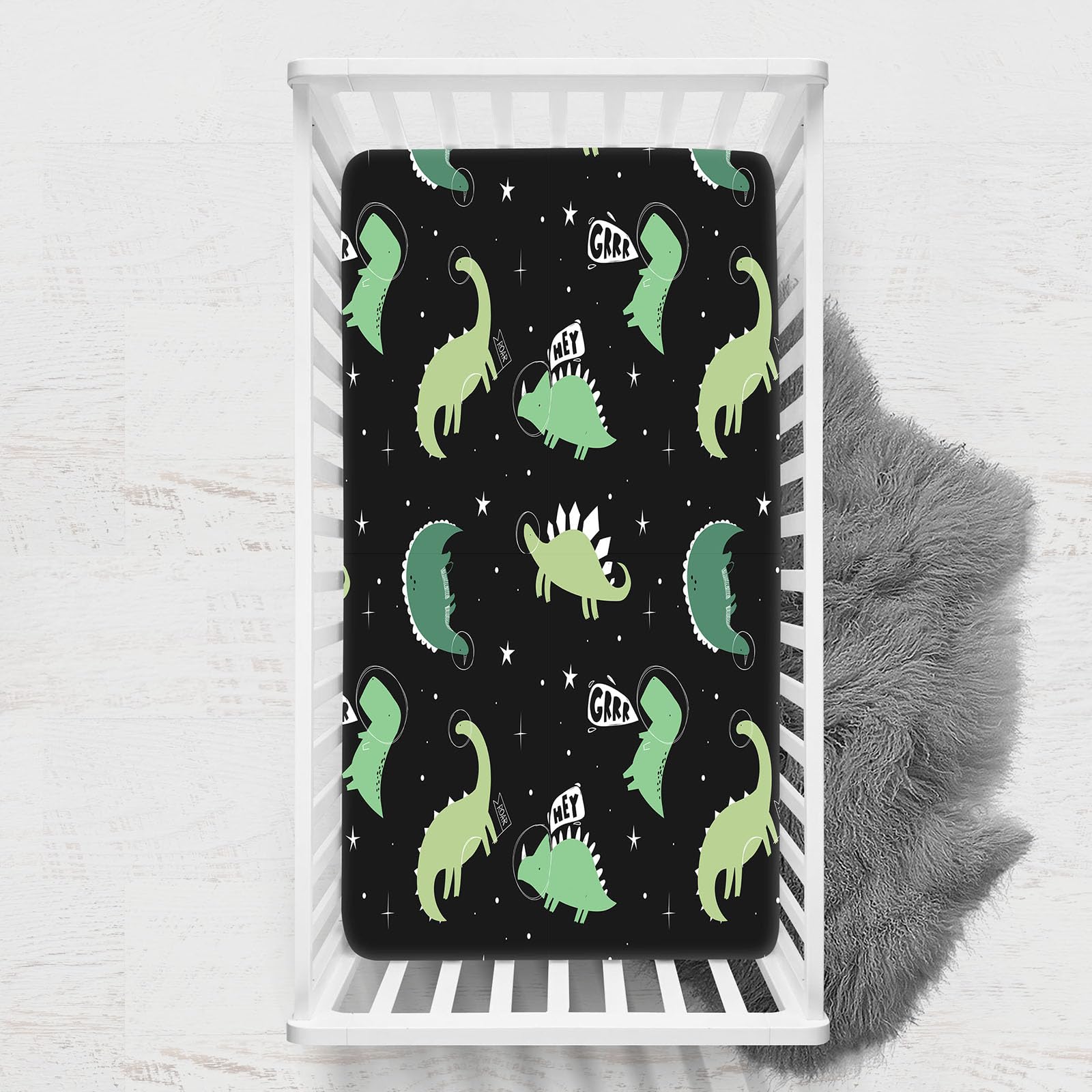 Odot Cot Bed Sheets, Dinosaur Print Bedside Cribs Fitted Sheets, Baby Bed Sheets Microfiber Cot Bed Mattress Protector, Bassinet Sheets, Easy Care Soft and Dureable (Black,100x135 cm)
