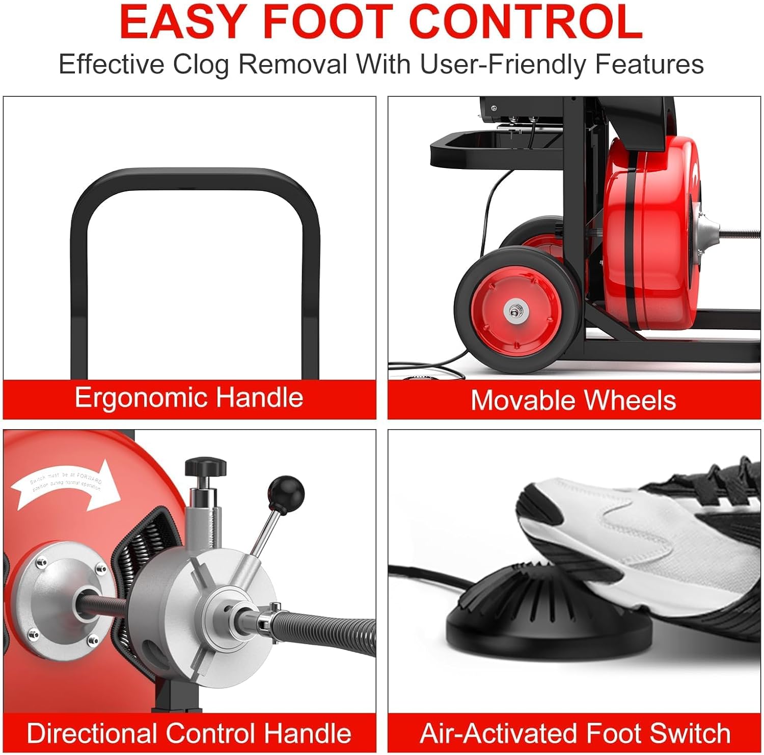 50FT 1/2 Inch Auto Feed Drain Cleaning Machine, Sewer Snake Drain Cleaner with 6 Cutters & Air-Activated Foot Switch, Portable Electric Drain Auger for 1" to 4" Pipes