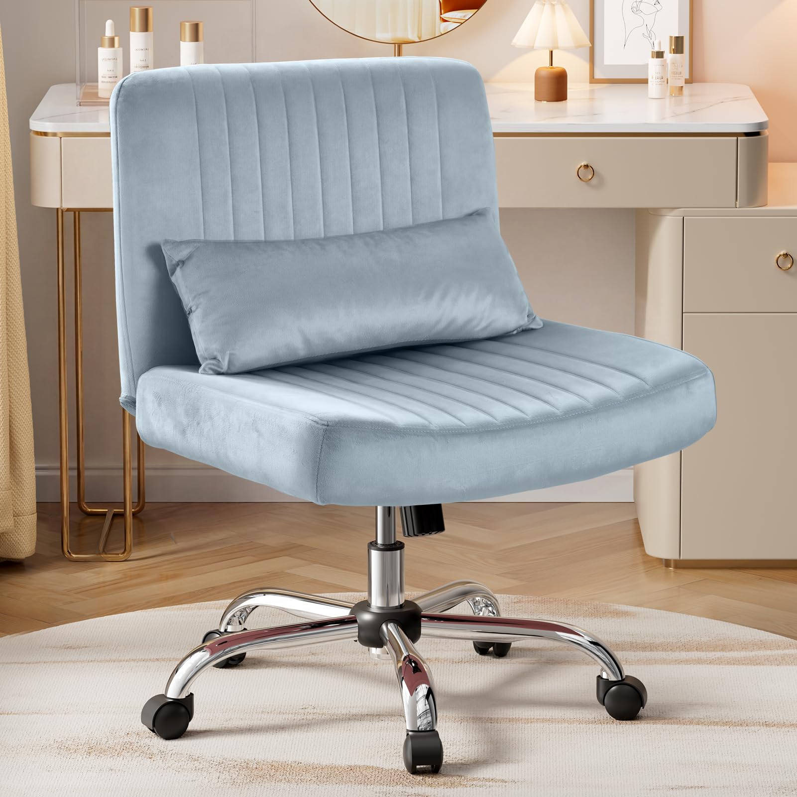 Criss Cross Office Chair with Wheels, Velvet Cross Legged Desk Chair for Bedroom, Armless Computer Chair, Modern Vanity Chair, Festival for Adults, Velvet Dusk Blue