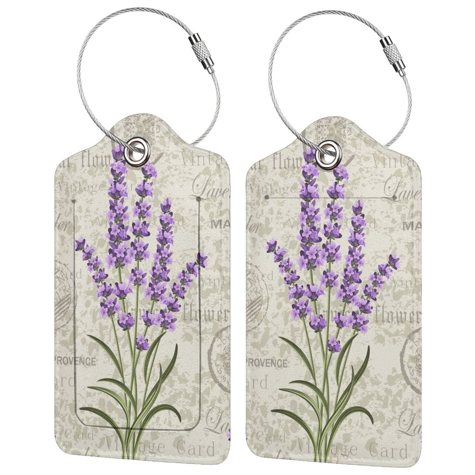 2 Pcs Purple Lavender Luggage Tags for Women Girls Travel, Cute Flower PU Leather Bag Tags Baggage for Suitcases with Stainless Steel Loop & Privacy