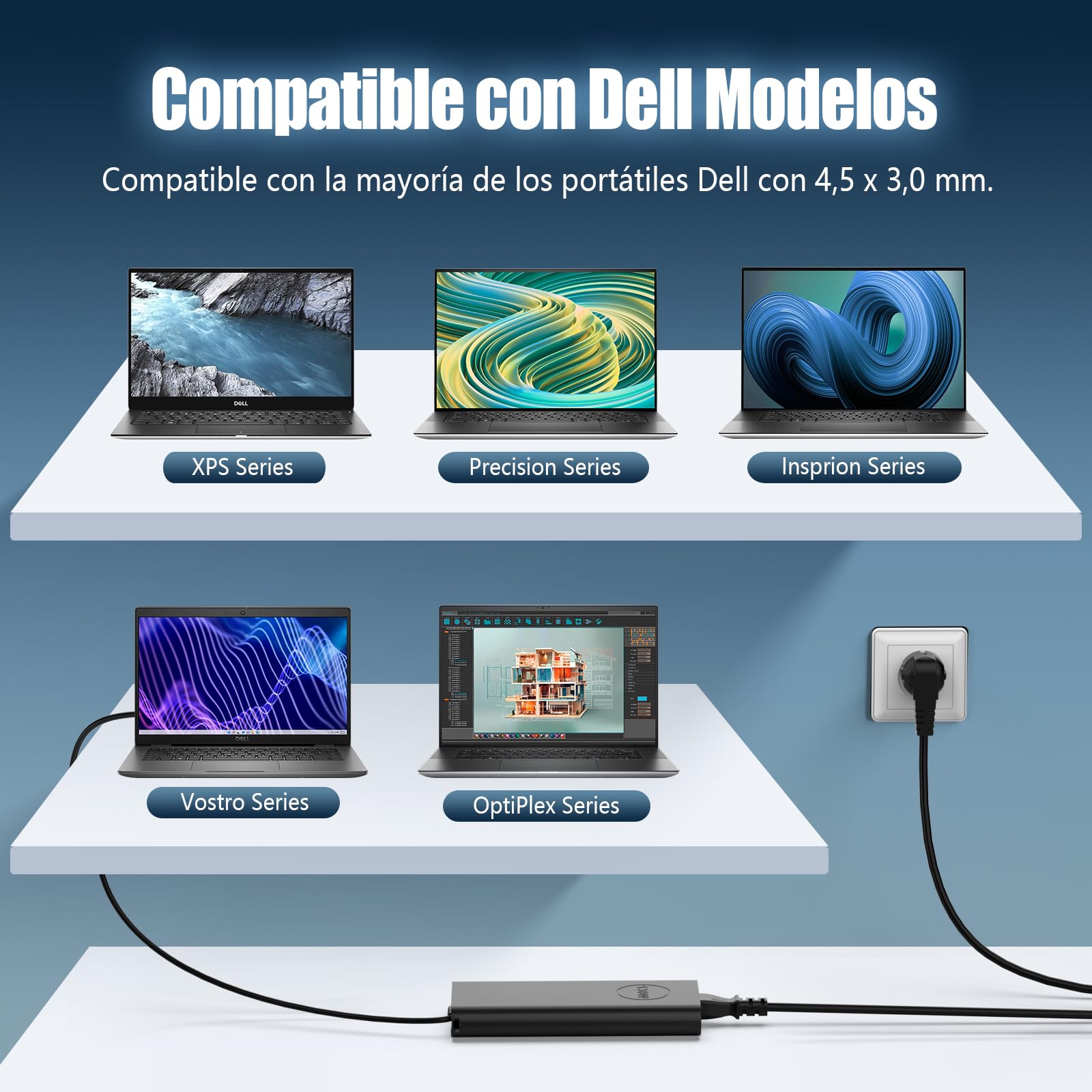 130W 19.5V 6.67A Cargador Portátil para DELL Alimentacion 4,5 x 3,0 mm | para DELL XPS 15 7590 9530 9550 9560 9570 Precision M3800 M2800 5510 5520 5530 5540 Insprion 7347 7348 HA130PM130 DA130PM130
