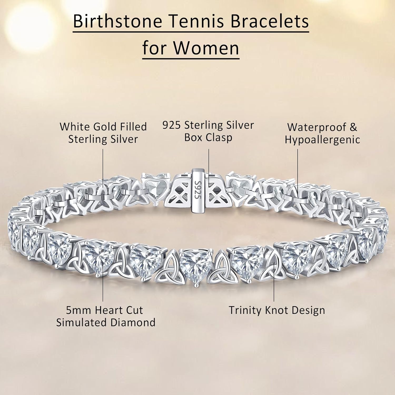 Birthstone Tennis Bracelets for Women, 925 Sterling Silver Heart Shaped Celtic Trinity Knot, 7 Inch Charm Trendy Hypoallergenic Anniversary Birthday Gifts for Her - Image 3