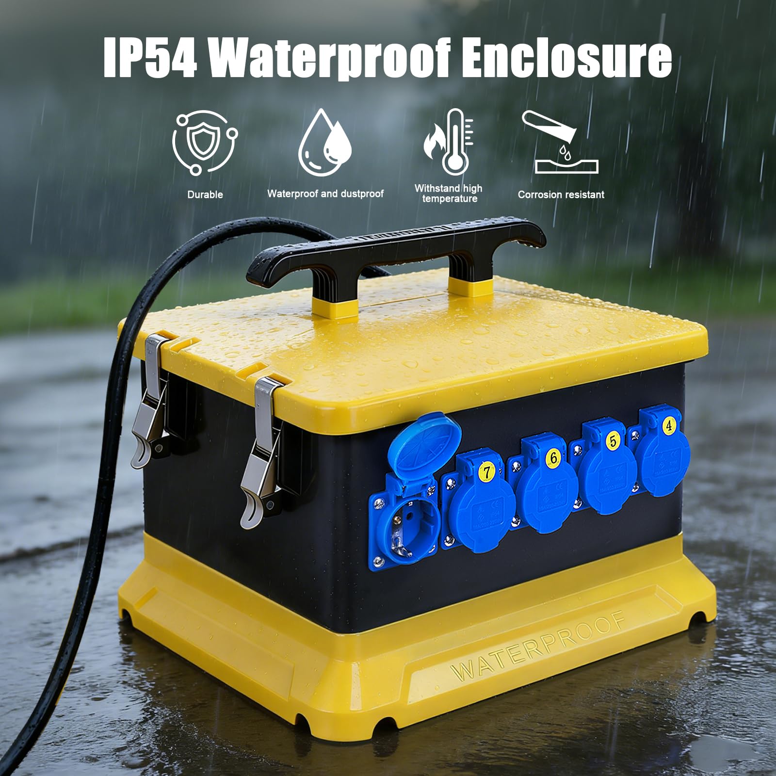 Distribuidor de Corriente para construcción, 30 módulos con Interruptor de protección, IP54, Resistente al Agua, Caja de Enchufe portátil con IP54, 230 V/16 A, Enchufe Schuko, IP44