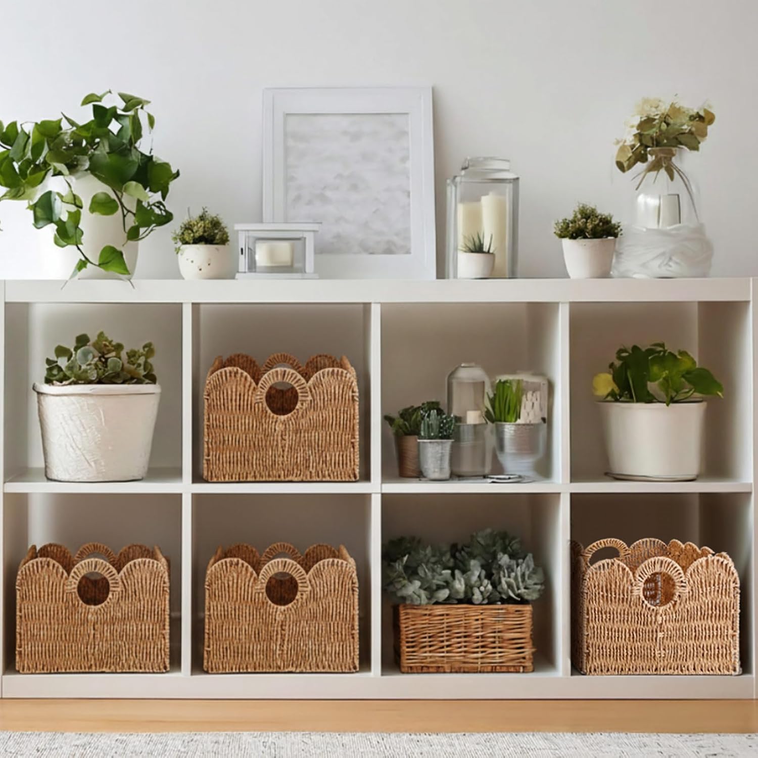Leinuosen 4 Packs Scalloped Wicker Storage Basket Paper Rope Pantry Baskets for Shelves Organizing Toilet Paper Foldable Rattan Cube Storage Bins Boho Organizer Bins for Home, 13 x 11 x 7.9 Inches