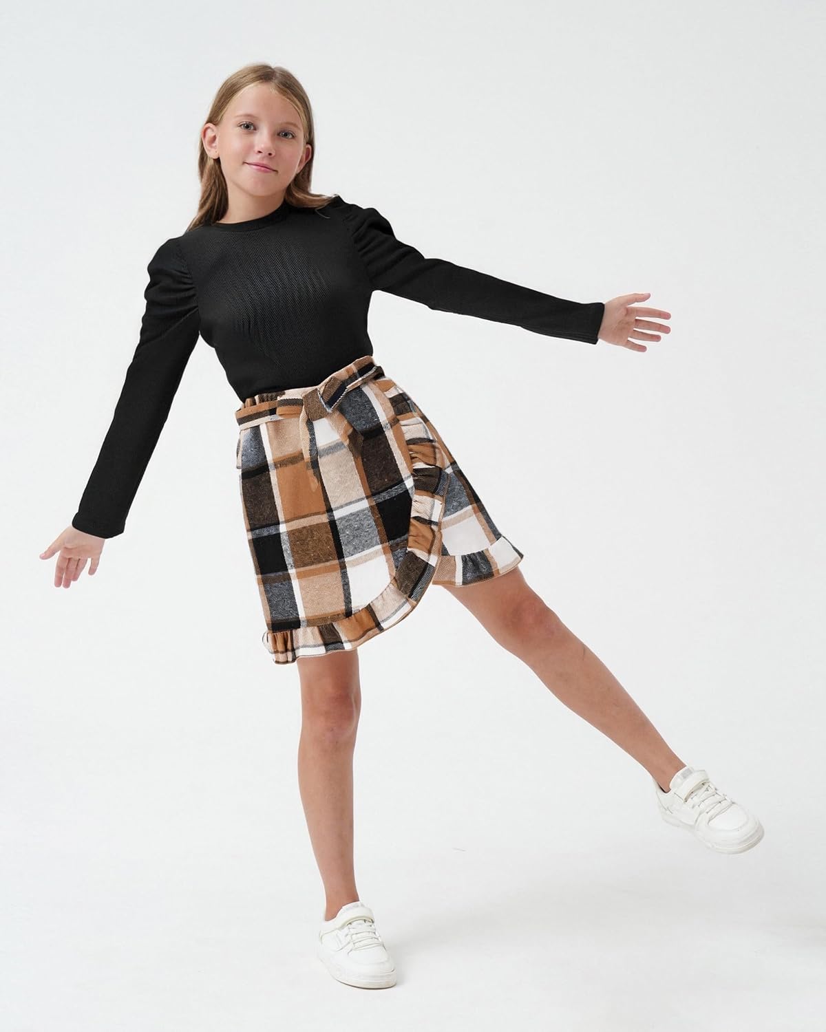 Girls Teen Clothes, Fall Winter Outfits Long Sleeve Ruffle Sleeve Top and Pleated Plaid Mini Skirt Set Size 7-14Y