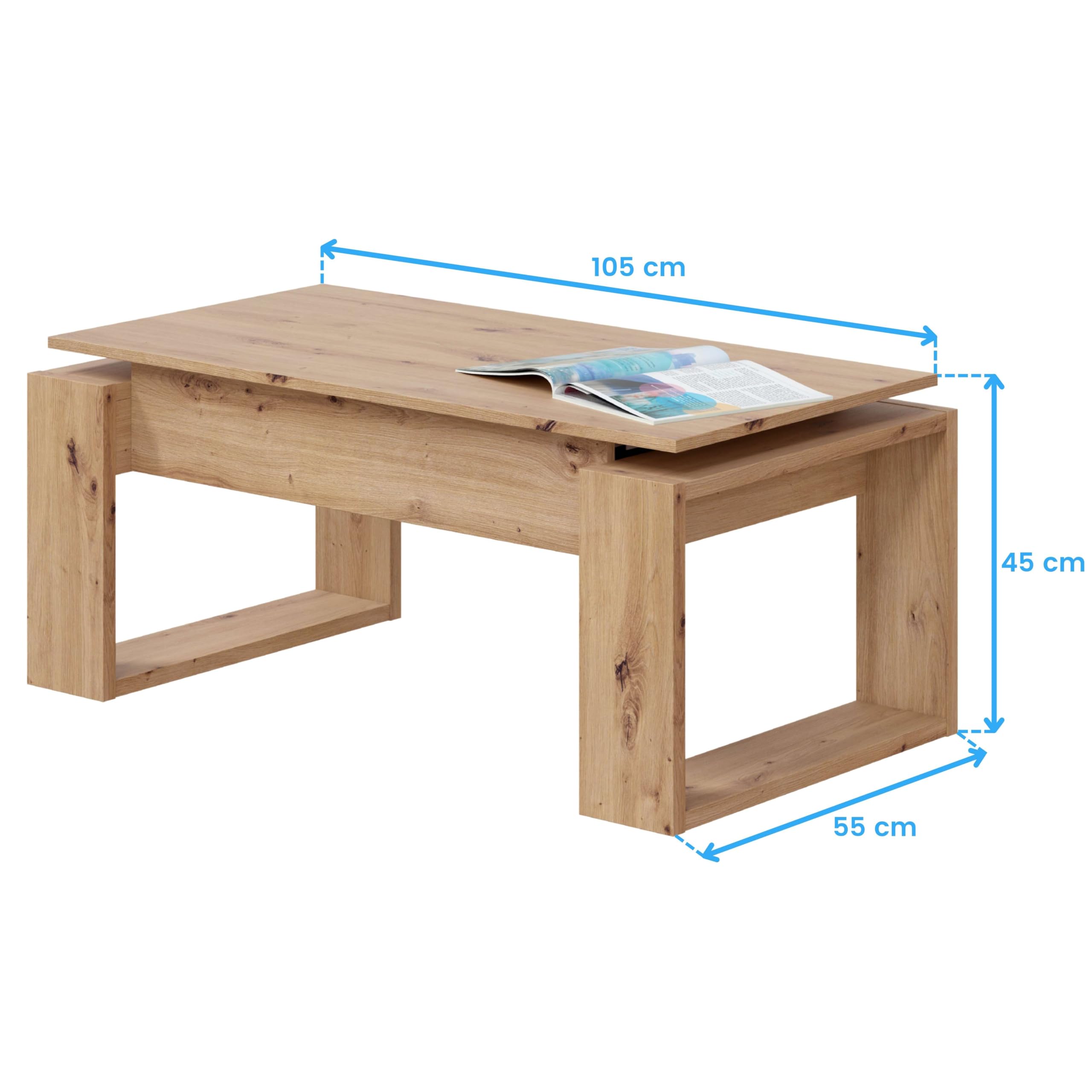 Habitdesign Mesa de Centro elevable, Mesita para Salon, Mesa Auxiliar, Modelo Nova, Acabado en Color Roble Nodi, Medidas: 105 cm (Largo) x 55 cm (Ancho) x 45-54 cm (Fondo)