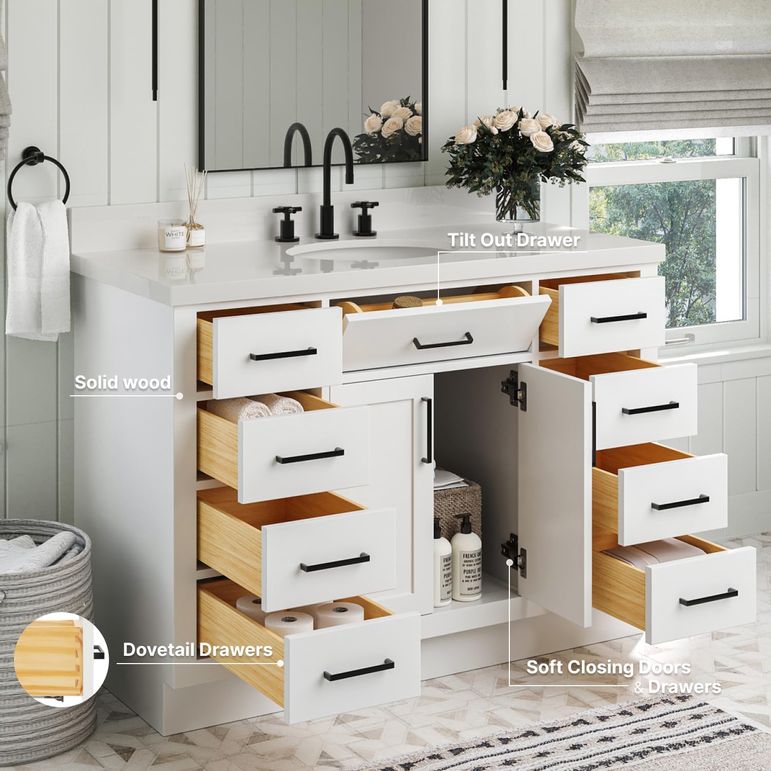 ARIEL Hepburn 48-inch Bathroom Vanity with Sink,Solid Wood, 1.5-inch Pure White Quartz Countertop & Backsplash, Single Oval Porcelain Sink, 2 Soft Closing Doors, 9 Dovetail Drawers, White