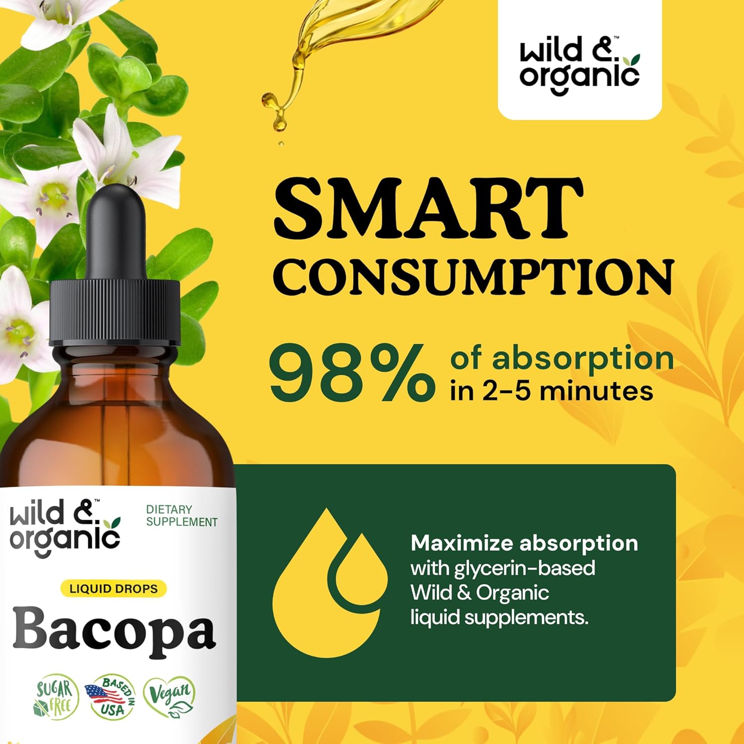 Wild & Organic Bacopa Liquid Drops - Herbal Tincture for Brain Support - Vegan Supplements with Bacopa Monnieri Extract Liquid - 5-Month Supply - Sugar & Alcohol-Free - 4 fl oz - Image 4