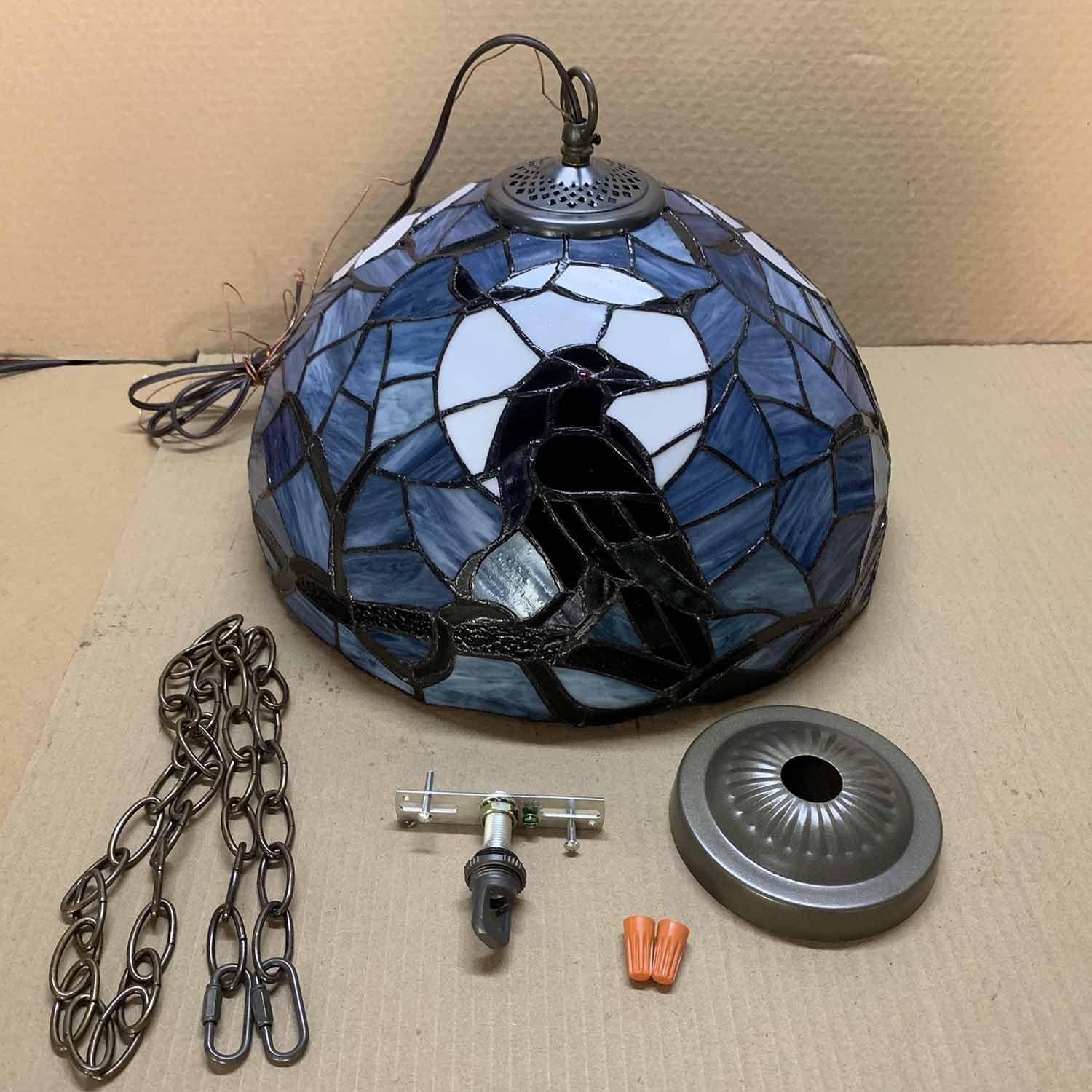 Bieye L10974 Raven Tiffany Style Stained Glass Ceiling Pendant Light (Dark Blue, 16 inches Wide)