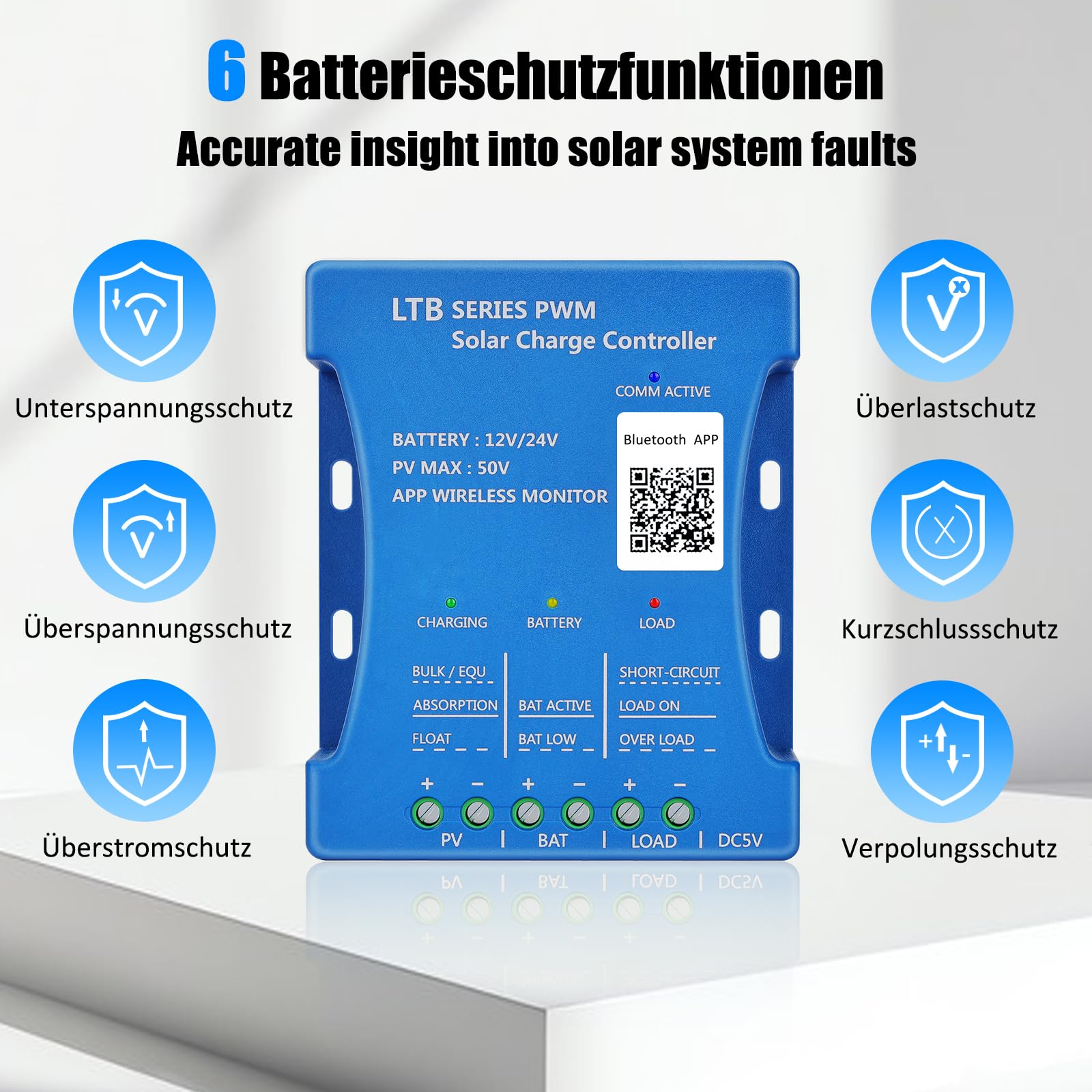 Controlador de cargador solar con aplicación Bluetooth de 30 A: KWODE 30 A, 12 V/24 V, PV: 50 V, controlador inteligente de panel solar, controladores de cargador PV Bluetooth PWM para plomo ácido
