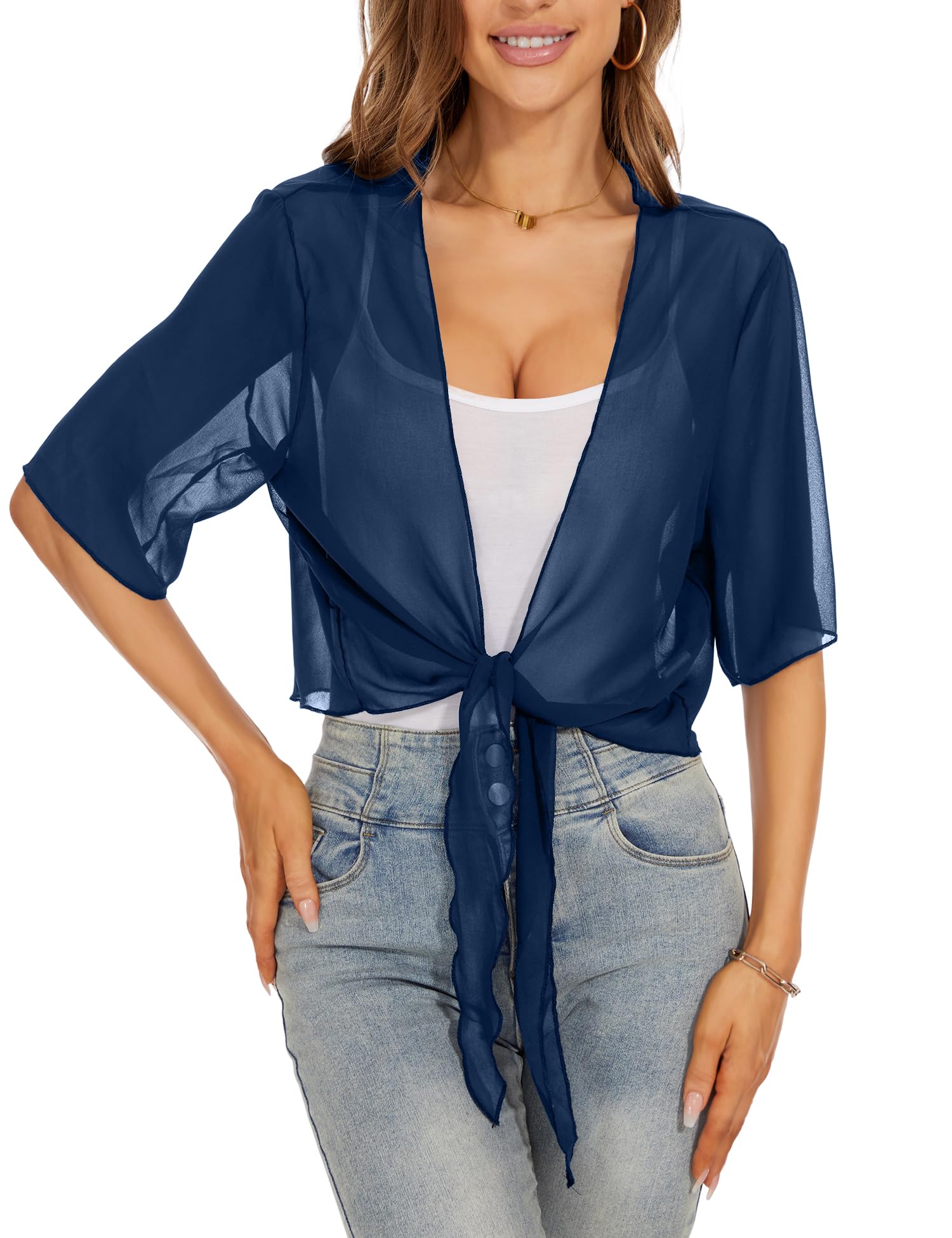 HANERDUN Bolero Damen Festlich Elegant Chiffon Strickjacke 3/4 Ärmel Kurz Schulterjacke Perfekt mit Allerlei Cocktailkleid Abendkleid