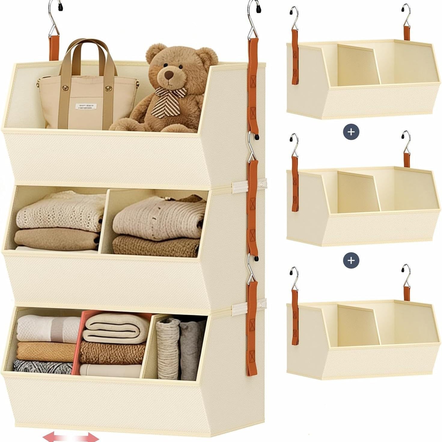 Hanging Closet Organizer 3 Tier, 3 Pack Fabric Clothes Hanging Shelves - Collapsible Storage Bins for Bedroom Organization, Space-Saving Closet System for Home, Dorm, RV (3, Gray)