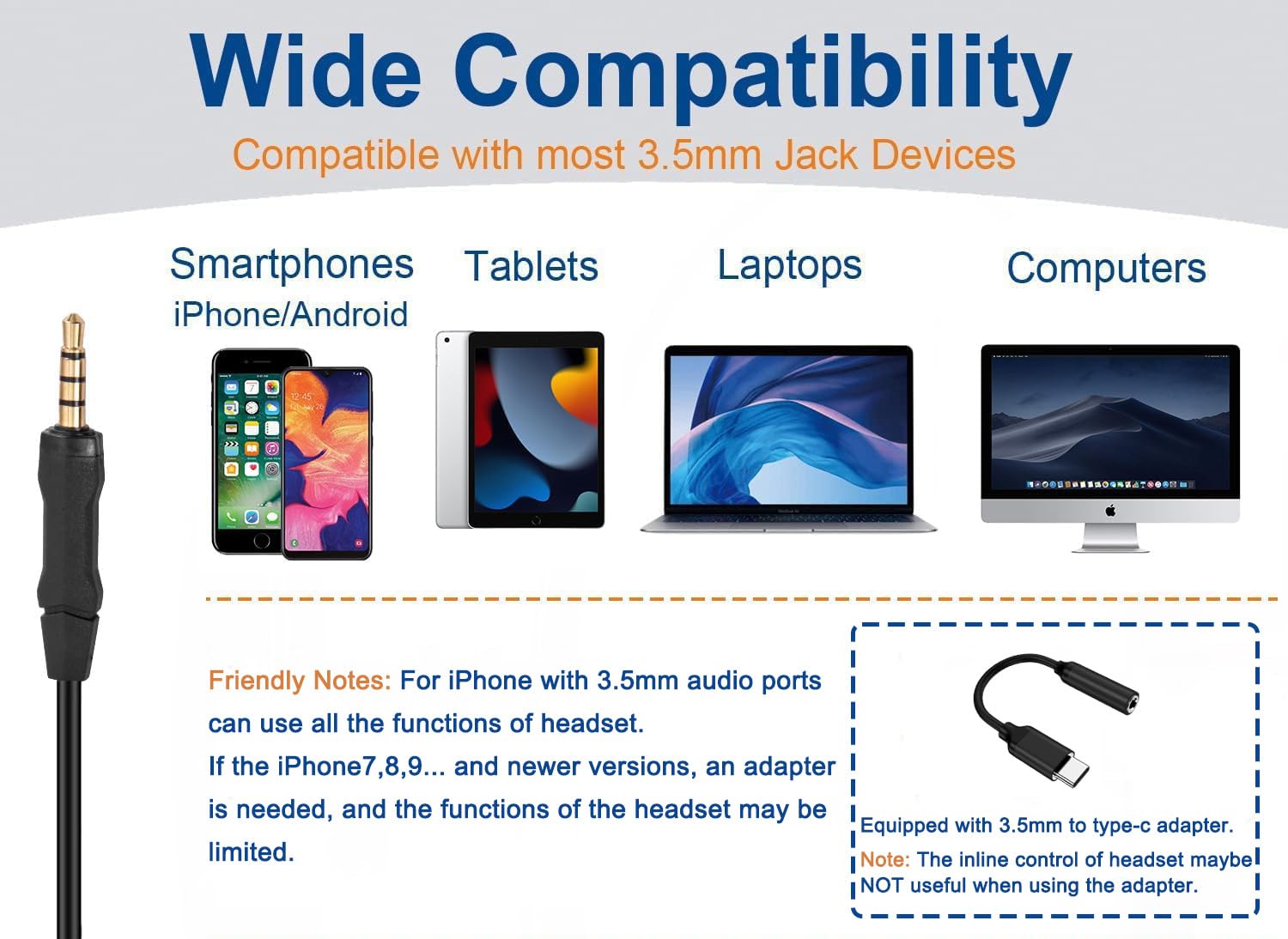Auriculares mejorados para teléfono celular con micrófono con cancelación de ruido y controles de llamadas, auriculares de computadora de 0.138 in para iPhone, Android, laptop, PC, oficina de 2