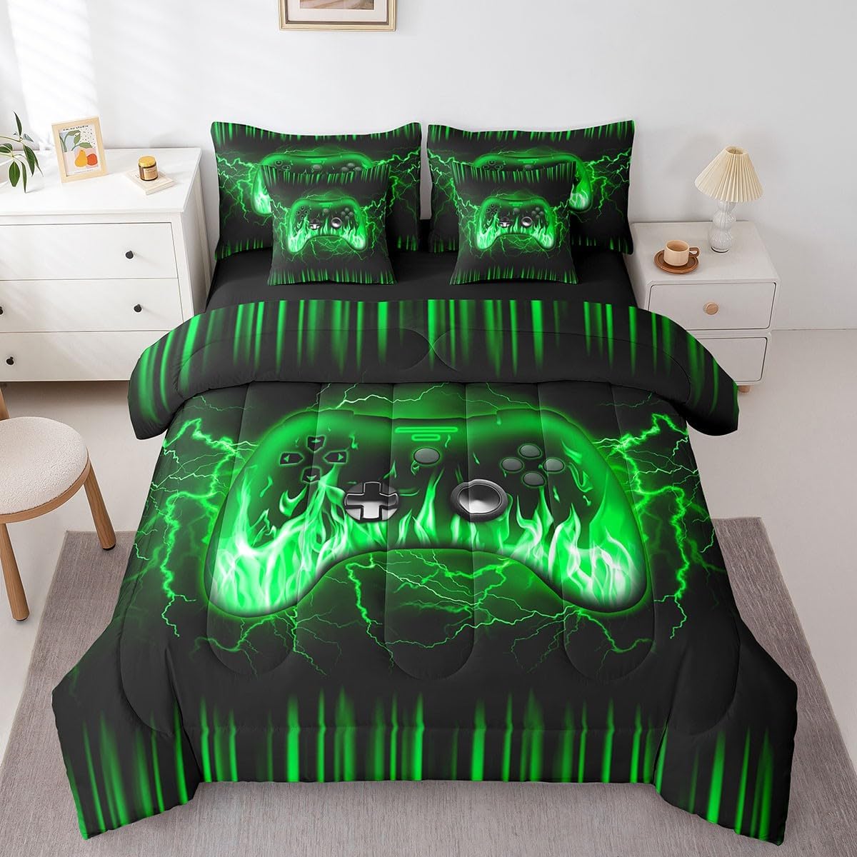 Feelyou Kids Gamer Twin 7 Piece Bedding Set,Green and Black Gaming Comforter Set with Sheets,Teens Boys Bedroom Room Decor,Game Contoller Ombre Bed in a Bag,Geometric Lightnings Fire Bed Set