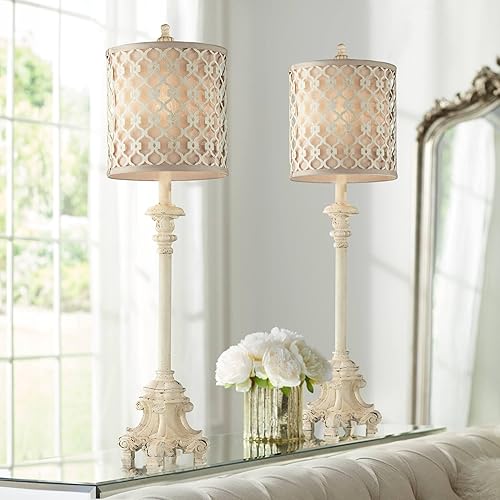 Regency Hill Candelabro francés de 34 pulgadas de alto, estilo bufé, tradicional, juego de 2 lámparas de mesa auxiliares de color blanco marfil para