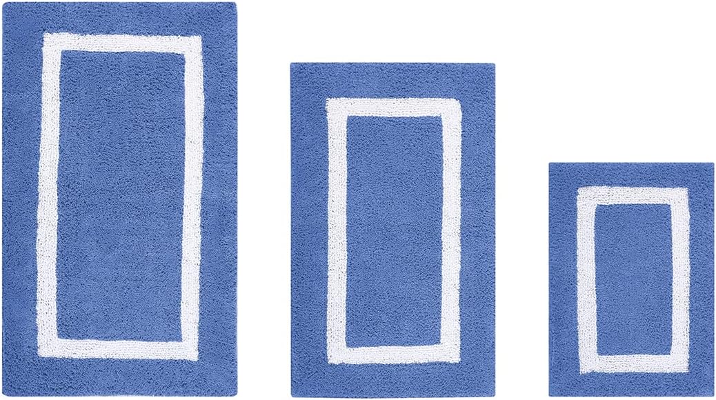 Better Trends 100% Cotton Hotel Collection Bath Mats Set, Blue & White Mats - Tufted, Reversible & Absorbent & Machine Washable 3 Piece Bathroom Rug Set, Toilet Base & Sink Bath Rugs