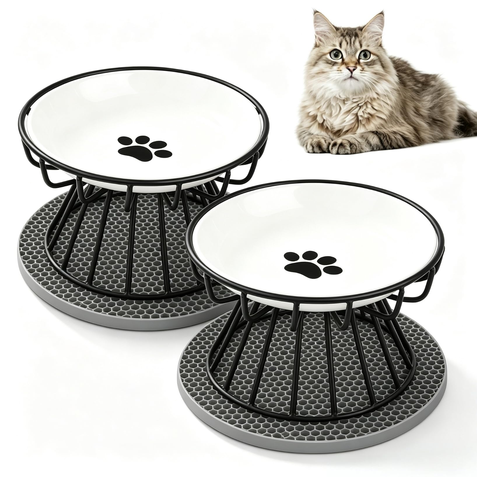 Set de 2 Comedero Gato Elevado, Plato Gato Plano de Cerámica con Soporte y Alfombrilla Antideslizante, Cuencos para Gatos (D-Negro)