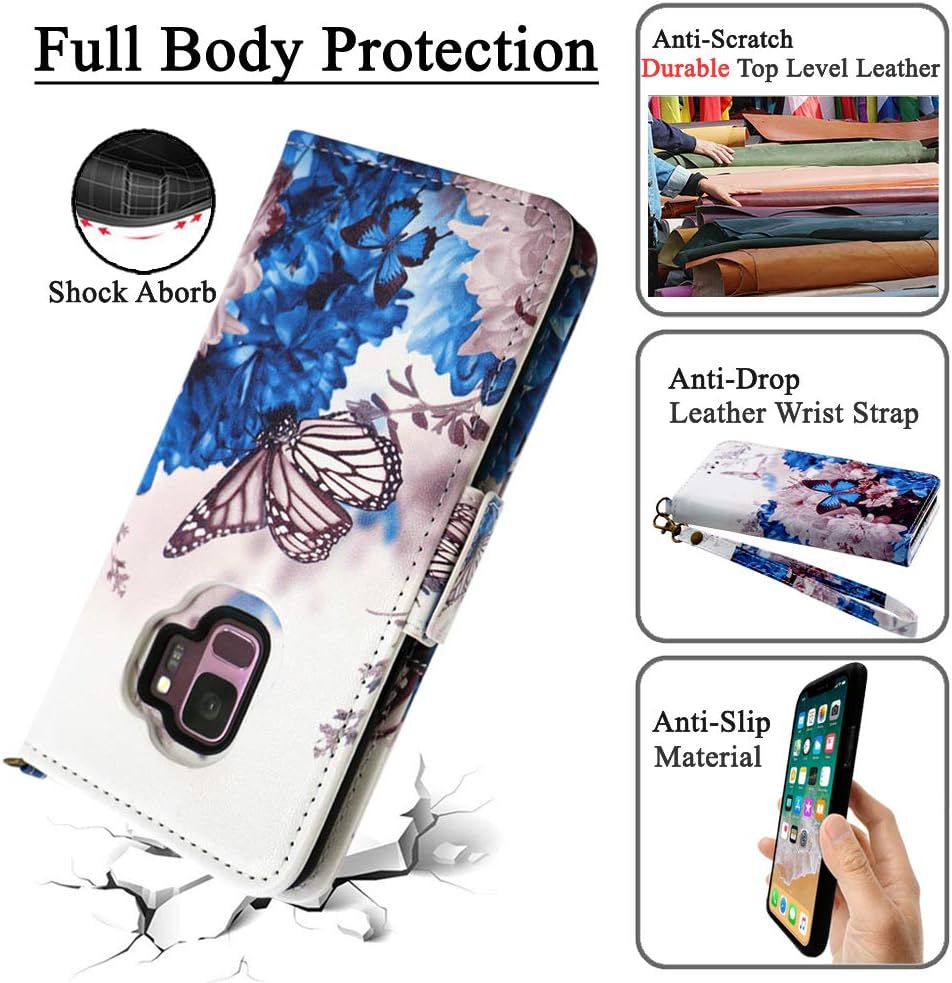 Mefon Galaxy S9 Wallet Case Leather Detachable, Durable Slim, Enhanced Magnetic Closure, with Wrist Strap, Card Slot, Kickstand, Luxury Flip Folio Phone Cases for Samsung Galaxy S9 5.8 (Butterfly 1)