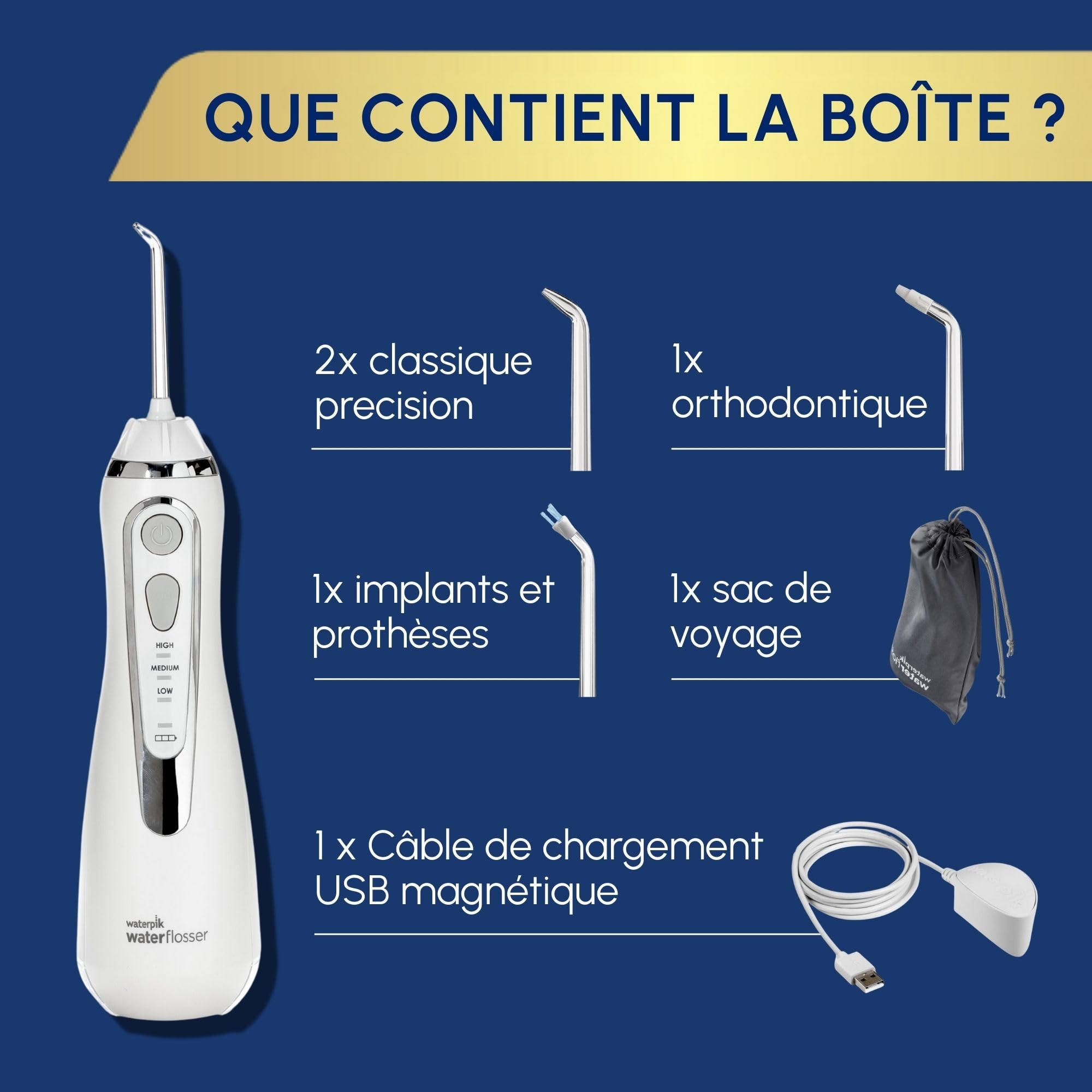 Waterpik Advanced - Hydropulseur Dentaire Sans Fil, Jet Dentaire Portable Rechargeable avec Câble USB, Élimine la Plaque, 3 Niveaux de Pression, Blanc (WP-580EU)