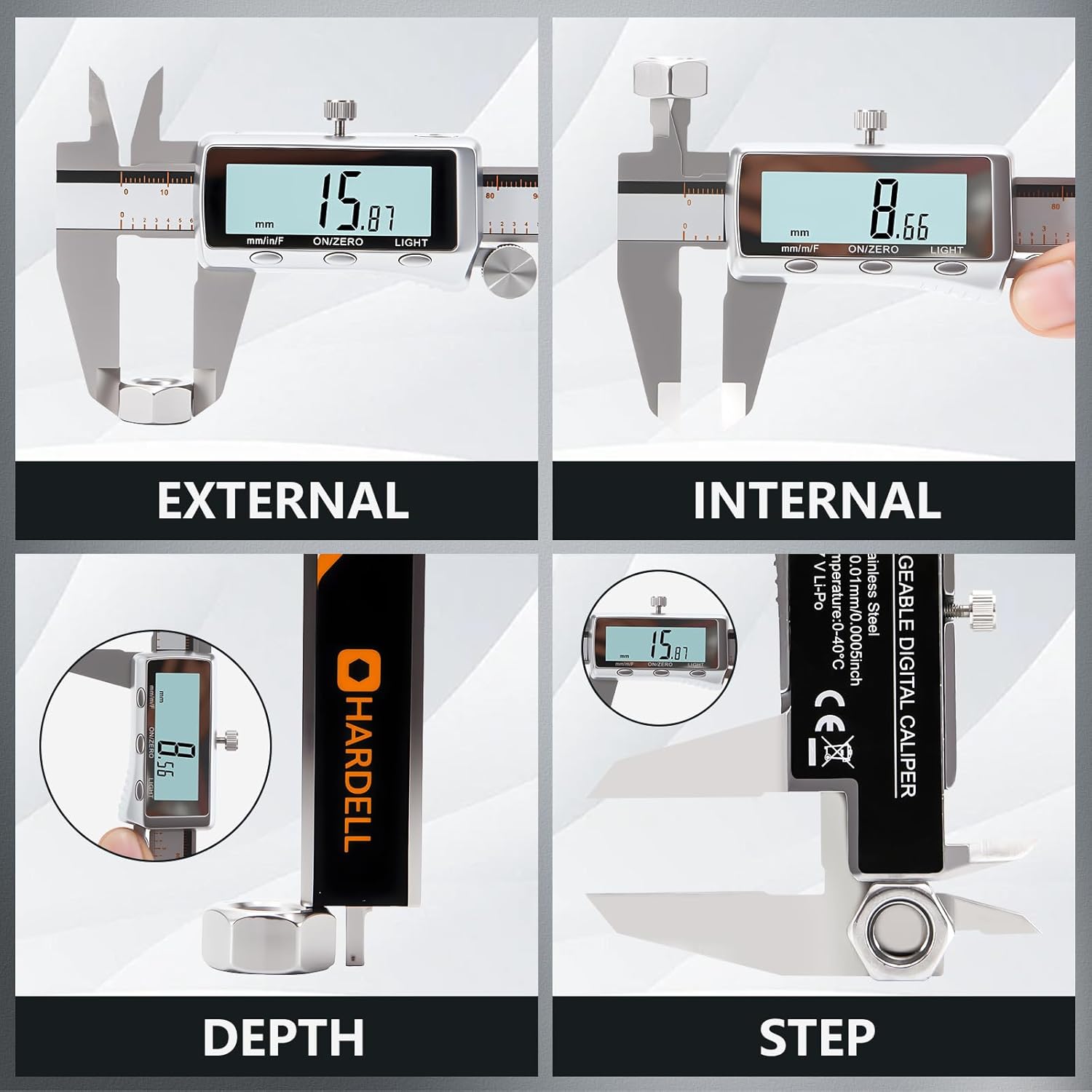 HARDELL Digital Caliper, Rechargeable Caliper Measuring Tool with Backlight LCD Screen, All Metal Calipers, Auto-Off Digital Micrometer, Inch/MM/Fraction for Household/3D-Printing-Rechargeable 6 Inch - Image 6