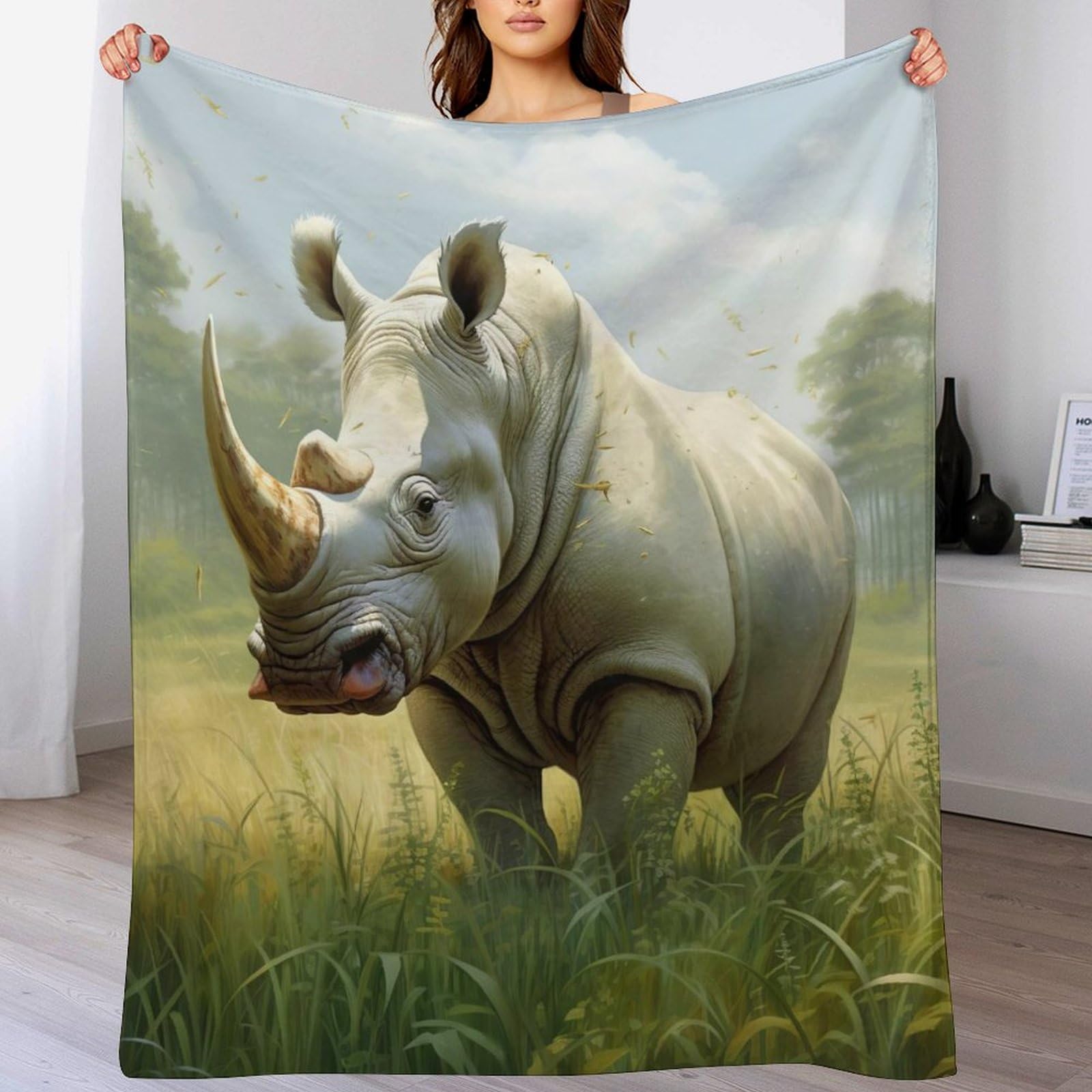 Couverture flannel rhinocéros 3D épaisse plaid chaud lavable en machine