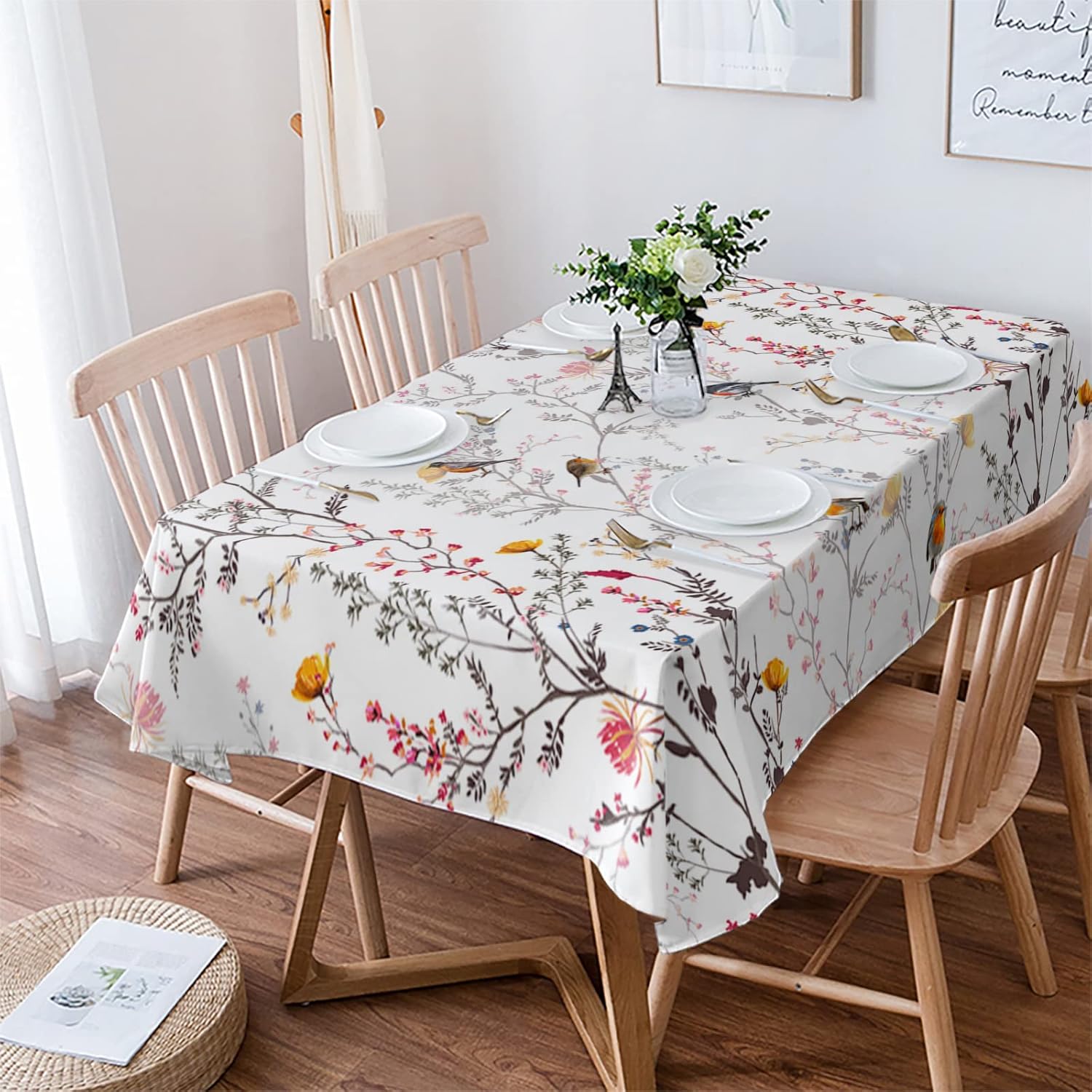 Spring Botanical Tablecloths for Rectangle 60 x 84inch Table Cover, Cotton Linen