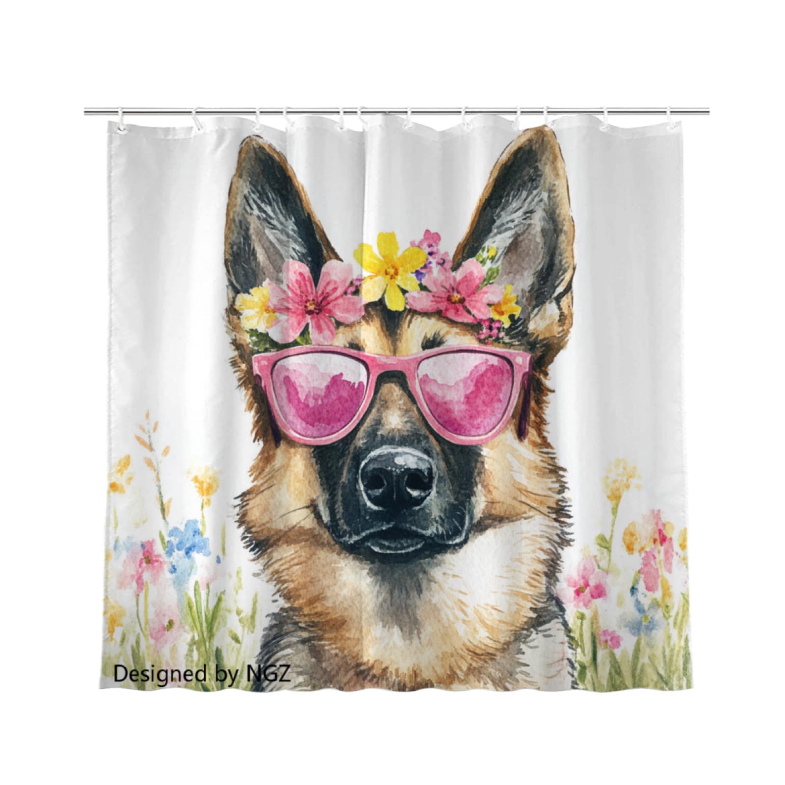 NGZ Colorful German Shepherd Floral Shower Curtain, Cute Animal Flower Art Decorative Bath Curtain, 72 x 72 Inch Fabric Waterproof Bathroom Curtain