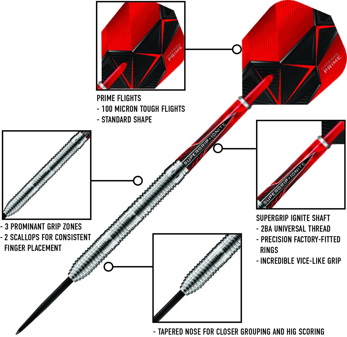 Harrows Rival - Set di freccette con punta in acciaio al 90% tungsteno, 21 g, 22 g, 23 g, 24 g, 25 g e 26 g, include impugnatura trilaterale, asta Supergrip rossa Ignite Midi e alette Micron Prime