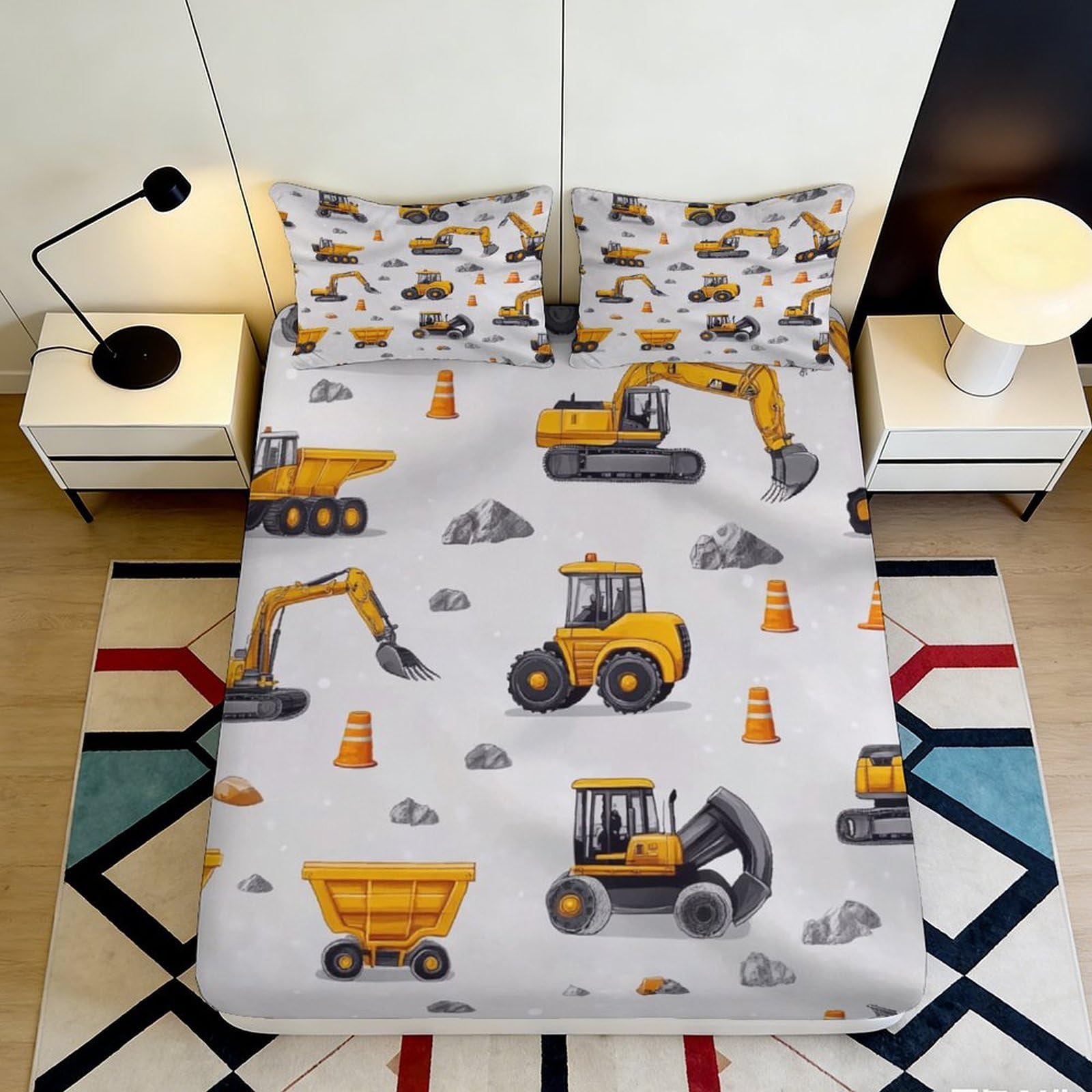 3D Printed Construction Fitted Sheet Microfiber Deep Pocket Non-Slip Bedroom Bedding Machinery Mattress Fitted Cover for Adults Teens 200x200x25cm 90x200x25cm