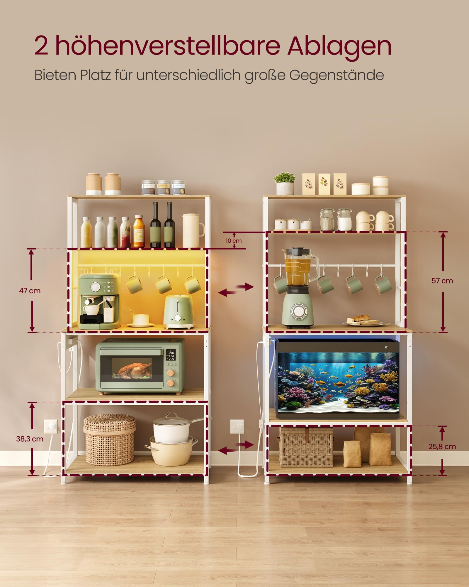 VASAGLE Küchenregal mit LED-Beleuchtung, Standregal mit Steckdosen, Mikrowellen-Regal mit verstellbaren Ablagen, 8 Haken, 40 x 80 x 168,4 cm, goldeichenfarben-mattweiß KKS050YA01