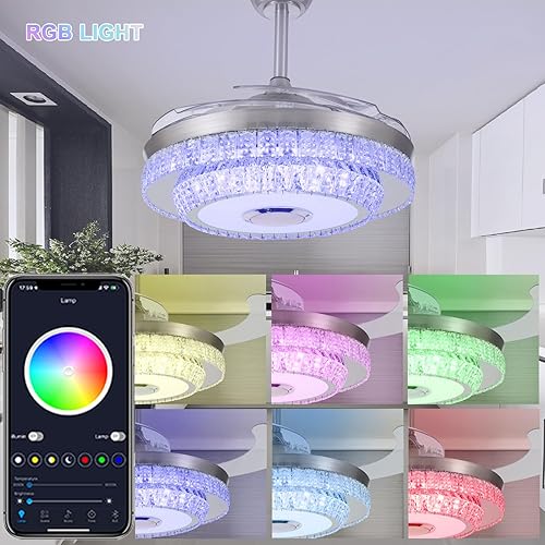 Miniatura 6 de mfanchan Fandelier de 42 pulgadas con altavoz Bluetooth, candelabro con ventilador, ventiladores de techo de cristal inteligentes con luces y
