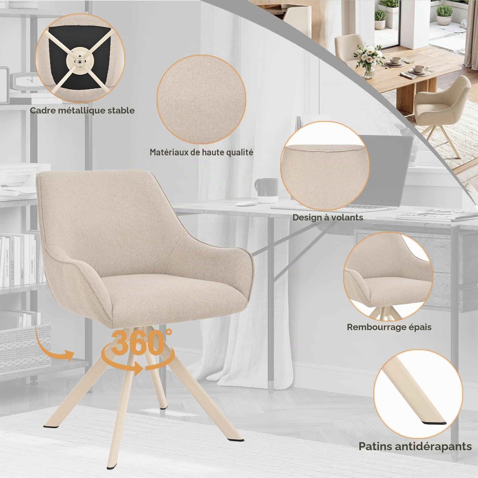 Lot de 6 chaises de salle à manger pivotantes 360° en lin beige avec accoudoirs et structure métal