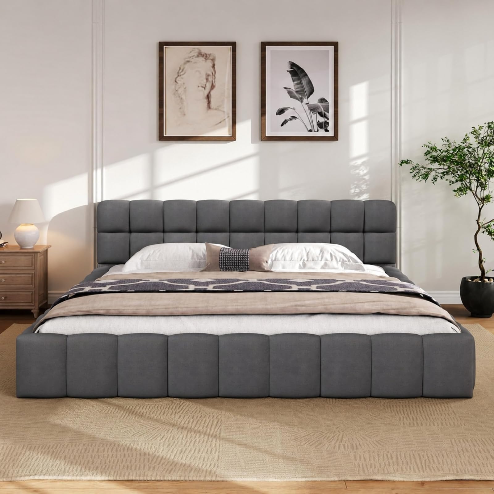 Fofetbfo Polsterbett 140x200, Doppelbett mit Bettkasten, Bubble Bett Jugendbett mit Lattenrost und Gepolstertes Kopfteil, Flachbett Gästebett, Leinen Beige,ohne Matratze (grau, 140x200 cm)