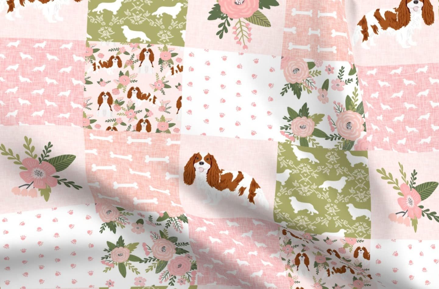 Spoonflower Fabric - Cavalier King Charles Spaniel Pet Quilt Cheater Collection Dogs Dog Printed on Organic Cotton Sateen Fabric by The Yard - Sewing Quilting Apparel Home Decor