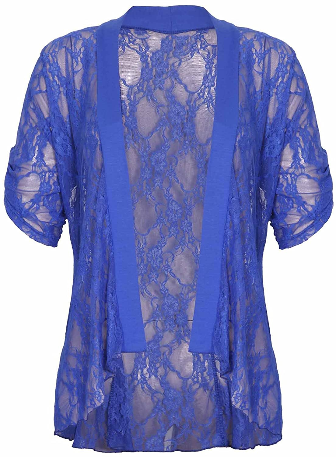 STAR FASHION New Ladies Sheer Shrug Top Cuff Sleeve Open Front Waterfall Design Floral Lace Two Button Kimono Cardigan Top for Woman (Royal Blue)
