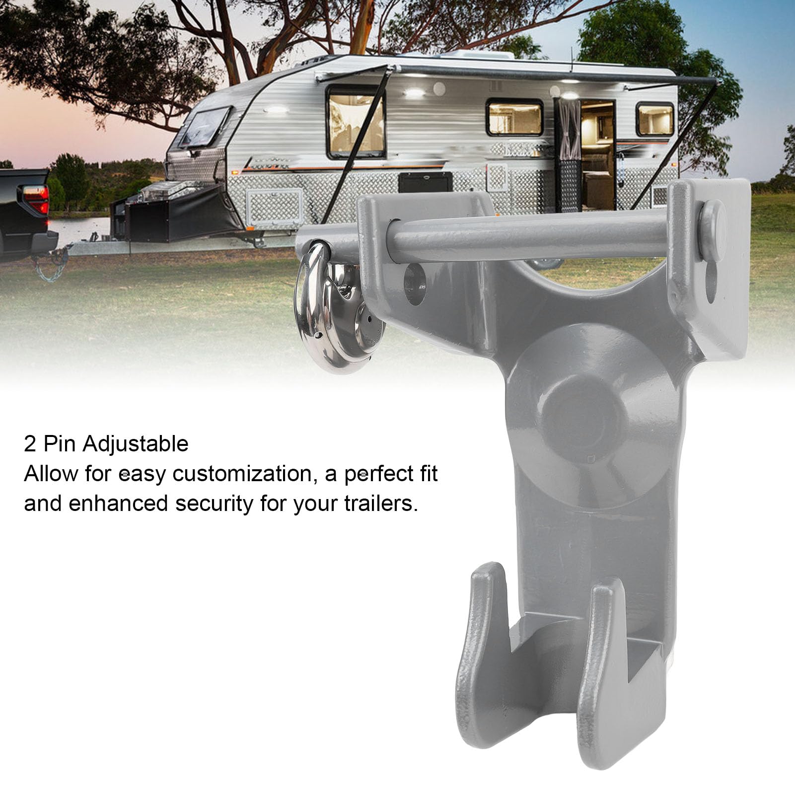 Blocco per gancio a collo d'oca in metallo resistente e antiruggine, regolabile a 2 perni, compatibile con attacchi da 2 516", ideale per caravan e rimorchi (Argento)