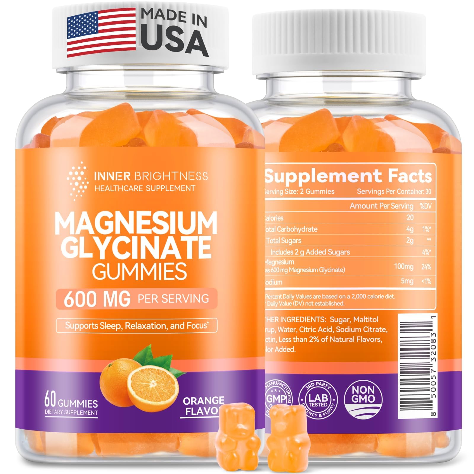 Magnesium Glycinate Plus Gummies 600mg, Sugar-Free, for Adults & Kids 4+ Orange(1 Pack)