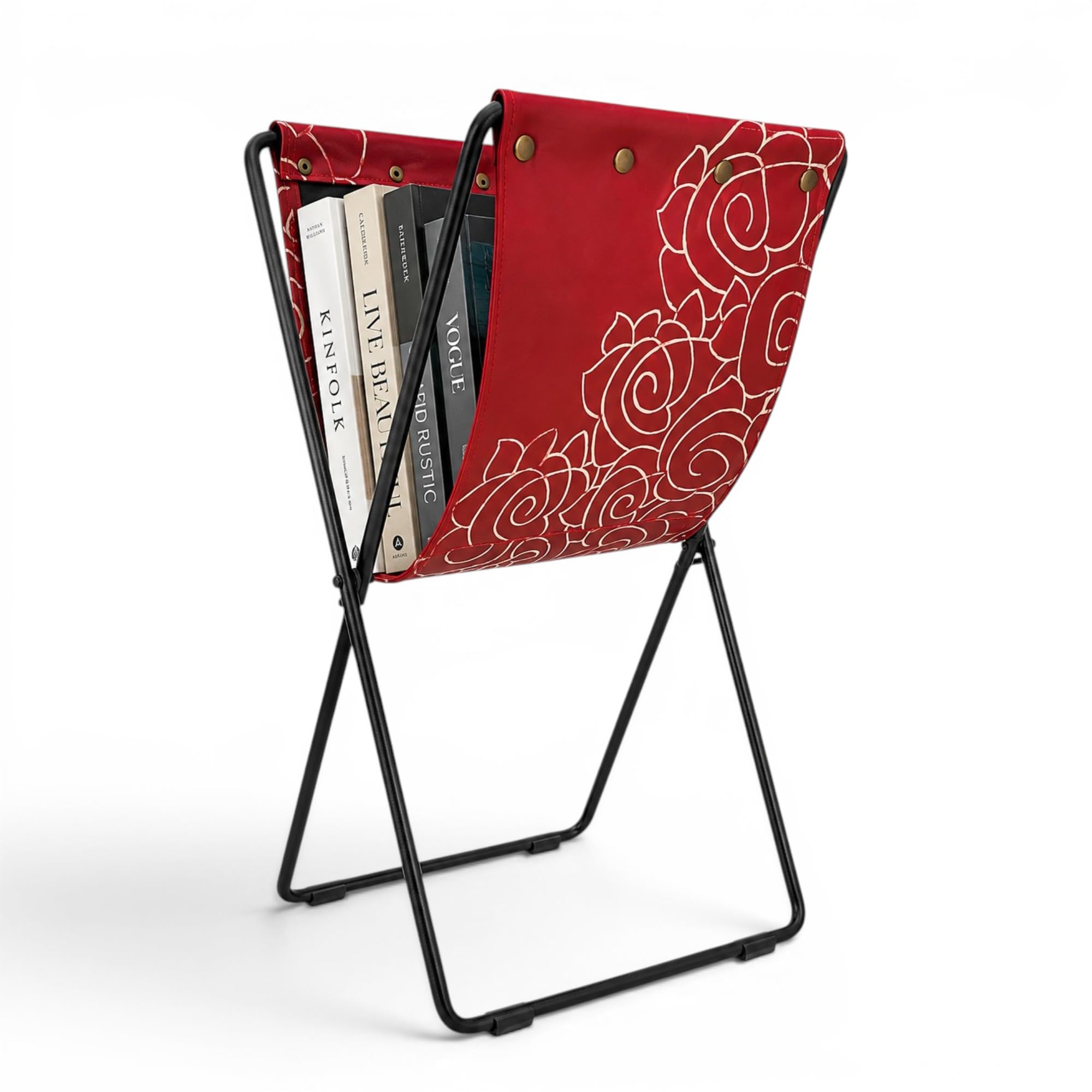 Arcus Handcrafted Block Printed Leather Sling Magazine Rack, Foldable | Rose Floral Pattern, Powder-coated Frame, Organic Dyes, Brass Rivets, Floor Pads Included-picture-18