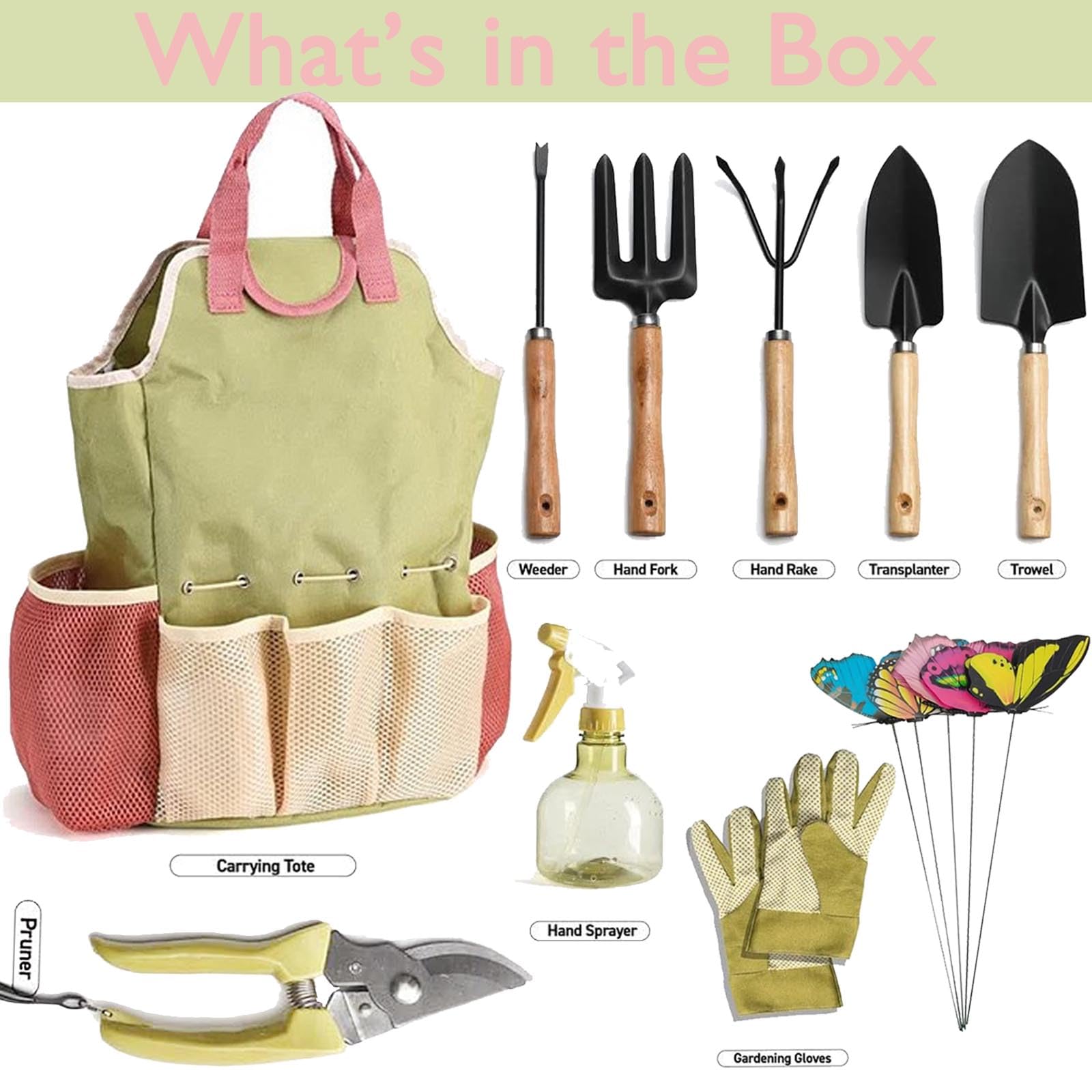 Lot de 9 outils de jardin avec sac à main, outils de jardin inoxydables et ergonomiques, cadeau de jardin idéal pour les femmes pour les amateurs de jardin