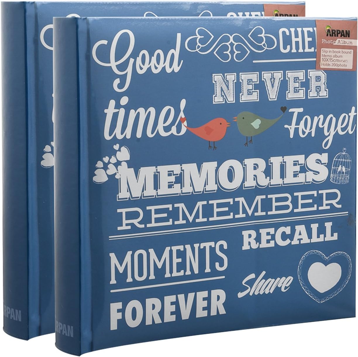 2 x Travel/Holiday Destinations/Memory Photo/Picture Album with Memo Writing Area and Decorative Vintage/Text Design on Front to Fit 200 6 X 4'' / 15 x 10 cm Photos By Arpan (Blue Memories Slogan)