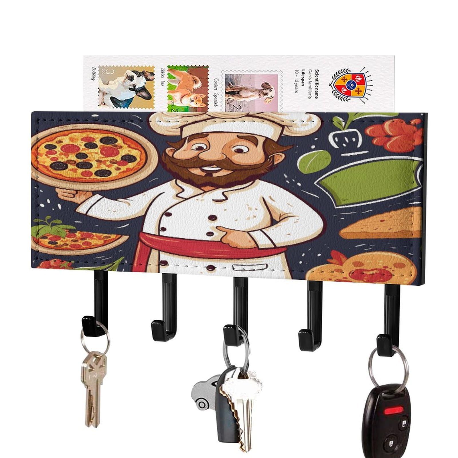 FekiLoot Chef Pizza Key Holder for Wall Decorative Mail Organizer with 5 Key Hook Self Adhesive Key Rack with Tray Coat Rack Wall Mount Key Hanger Decor for Entryway Door
