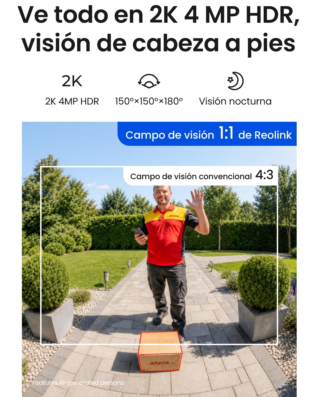 Reolink Timbre con Camara Exterior, 2K HD, Battery Video Doorbell (2nd Gen) | Vista 1:1 cuerpo, Inalámbrico/cableado, Wi-Fi 2,4/5 GHz, Almacenamiento local, Detección IA, Notificaciones inteligentes